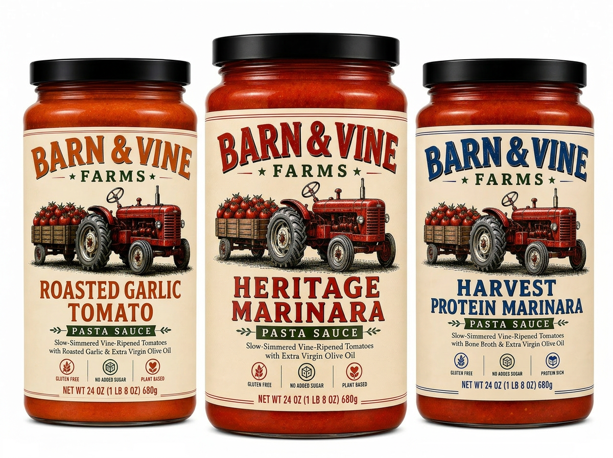 The Barn & Vine Farms three-jar collection: Heritage Marinara, Roasted Garlic, and Harvest Protein Marinara