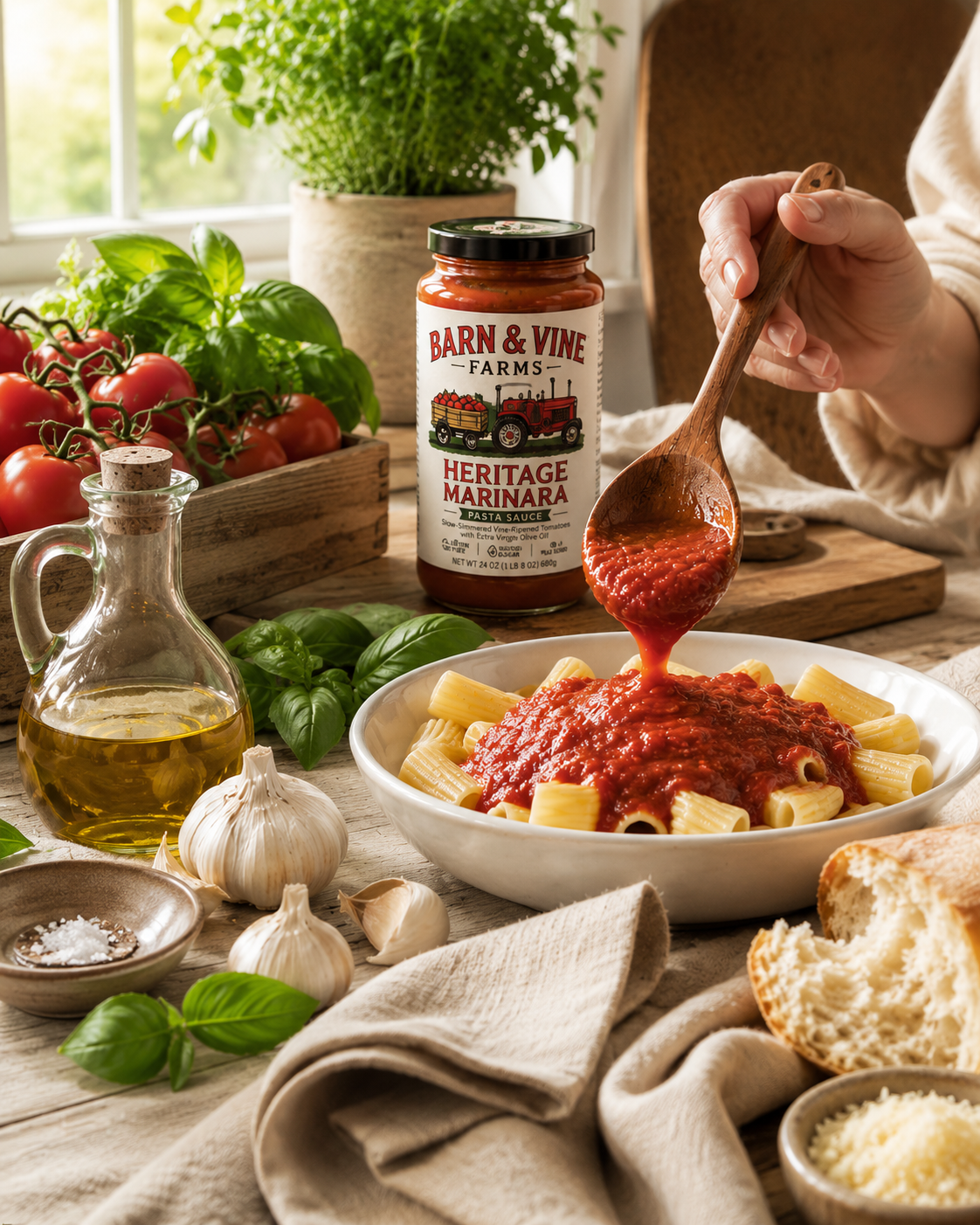 Vine-ripened tomatoes on a wooden board with roasted garlic, fresh basil, extra virgin olive oil, a rustic harvest crate and a Barn & Vine jar in warm morning window light