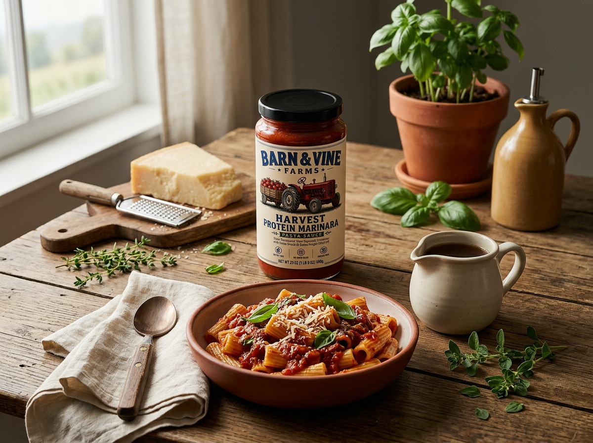 Harvest Protein Marinara jar on a rustic farmhouse table with a bowl of rigatoni, parmesan and basil