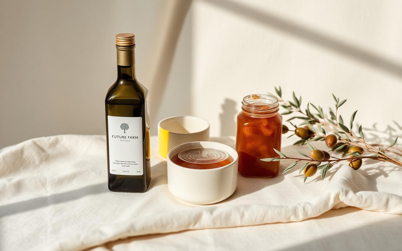 Future pantry: olive oil, jams, and ceramics on cream linen